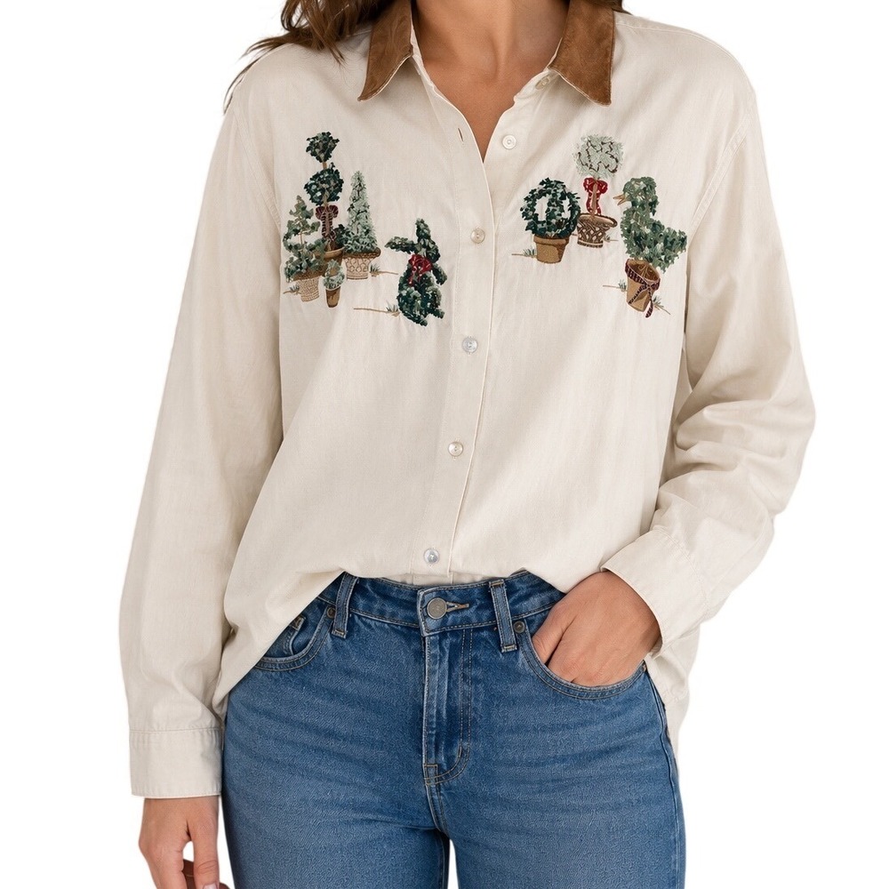Vintage 90s Cambridge Country Store Topiary Embroidered Leather Collar Shirt L